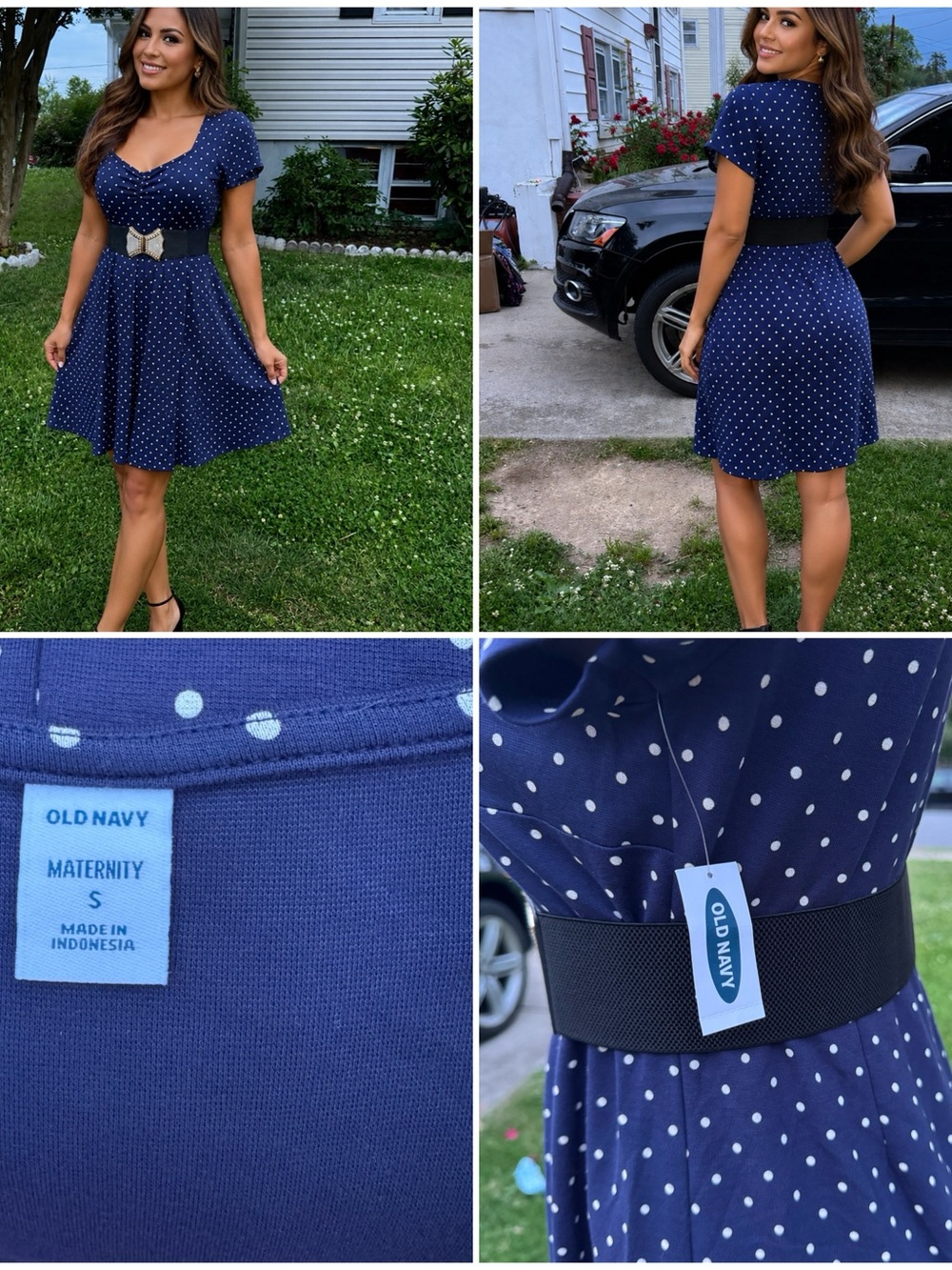 Old Navy Navy White Polka Dot Maternity Dress with Black Waist Belt